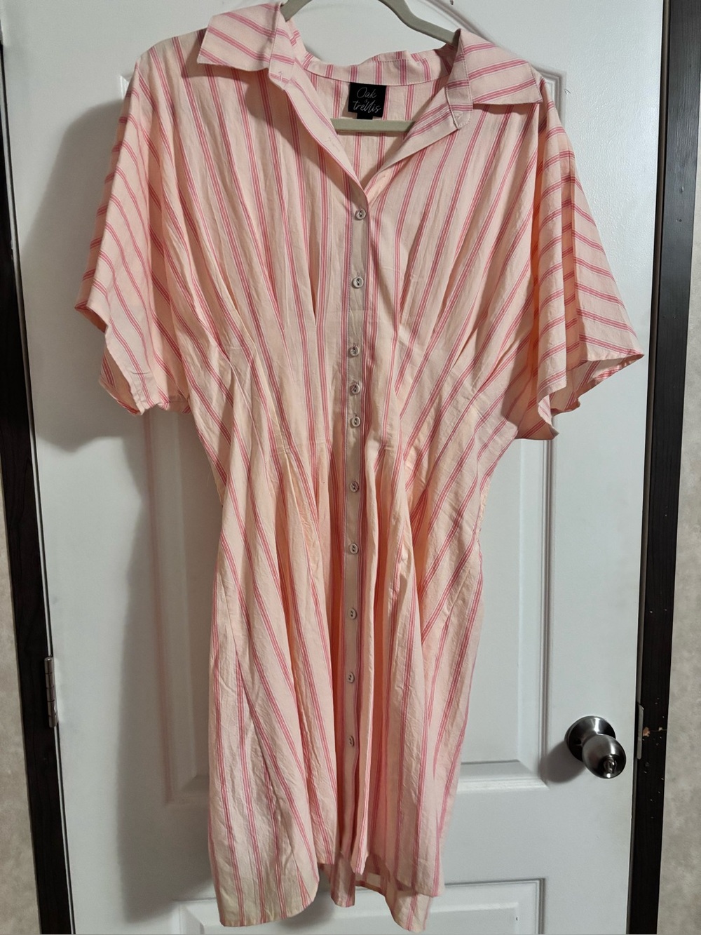 Pink Striped Button-Front Midi Dress with Collar